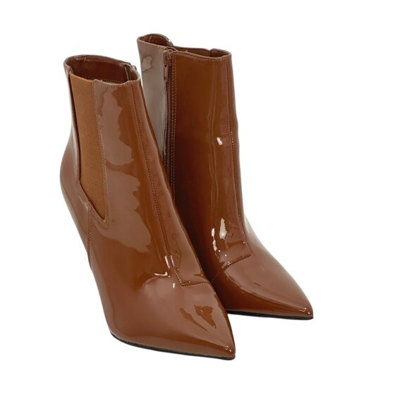 INC -Katalina Brown Patent Leather High Heel Ankle Boots Womens 9M Stretch Panel - Picture 10 of 11